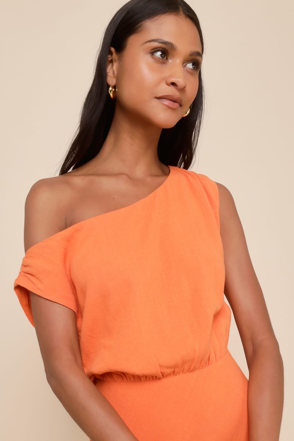 Casual Enchantment Orange Linen Off-the-Shoulder Midi Dress
