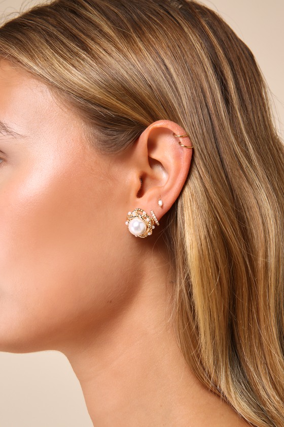 Shop Lulus Posh Taste Gold Pearl Woven Border Stud Earrings