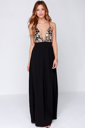 black and gold sequin bridesmaid dresses Primavera Couture 4519 Formal Beaded Long Fitted Prom Dress