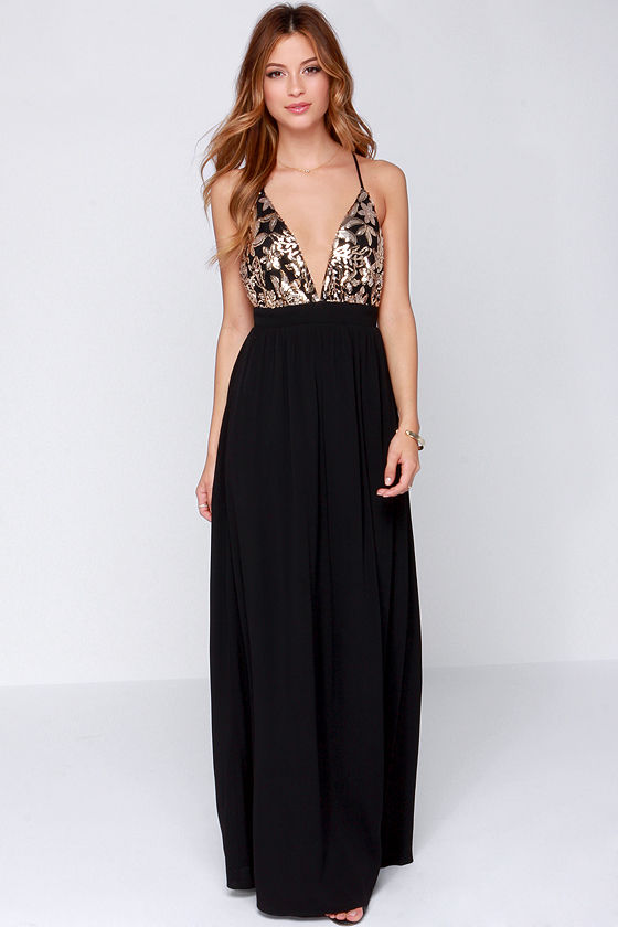 entourage sequin maxi gown black gold
