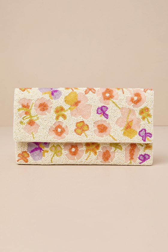 LULUS IDEAL SEASON IVORY FLORAL BEADED RECTANGULAR CLUTCH