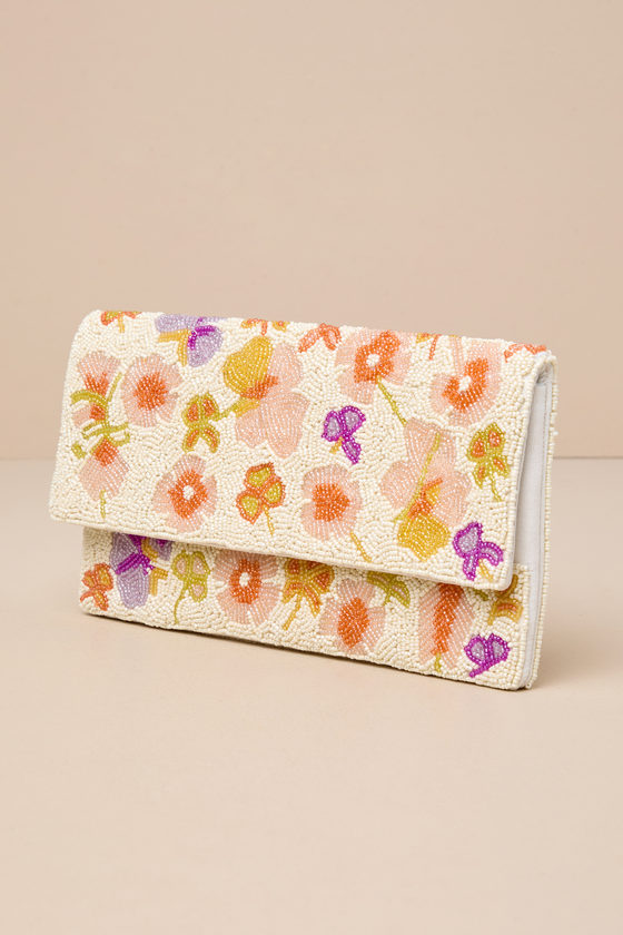 LULUS IDEAL SEASON IVORY FLORAL BEADED RECTANGULAR CLUTCH