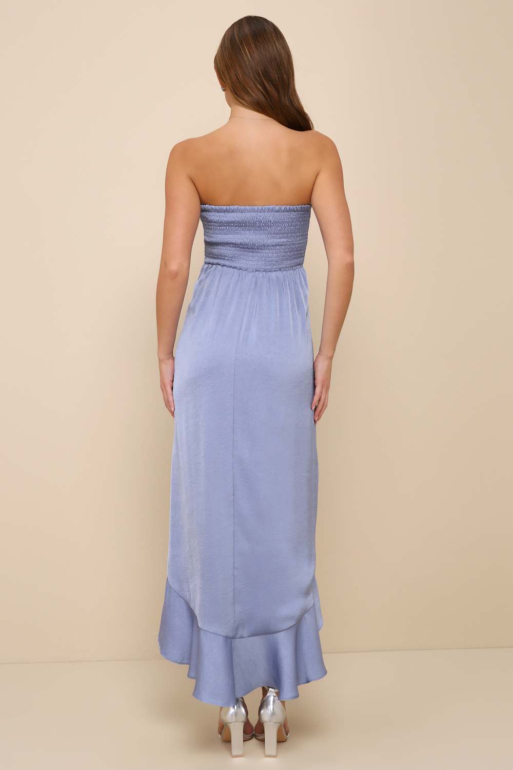 Blushing Darling Slate Blue Strapless High-Low Maxi Dress