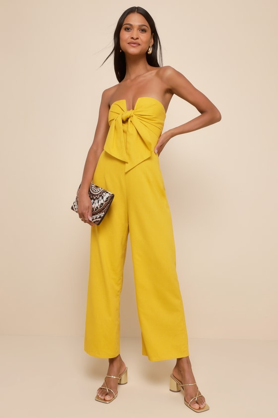 Sunshine Aura Mustard Yellow Tie-Front Strapless Jumpsuit 4