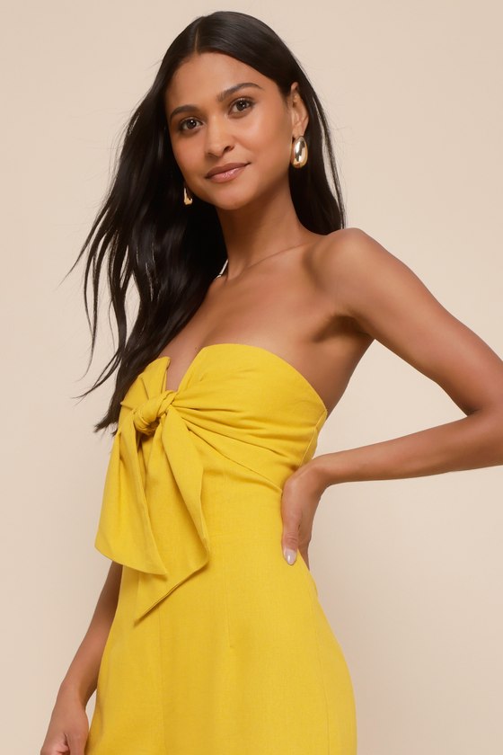 Lulus Sunshine Aura Mustard Yellow Tie-front Strapless Jumpsuit In Mustard Yellow