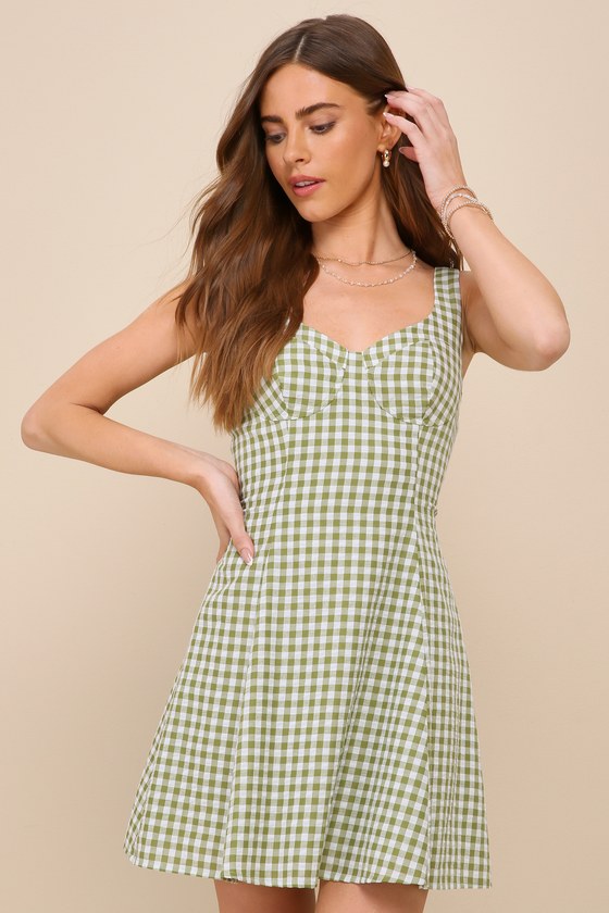 Green Gingham Dress - Fit-and-Flare Dress - Bustier Mini Dress - Lulus