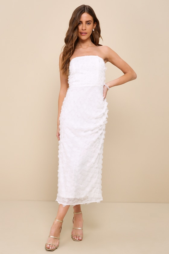 Lulus Dreamy Girl White 3d Floral Applique Strapless Midi Dress