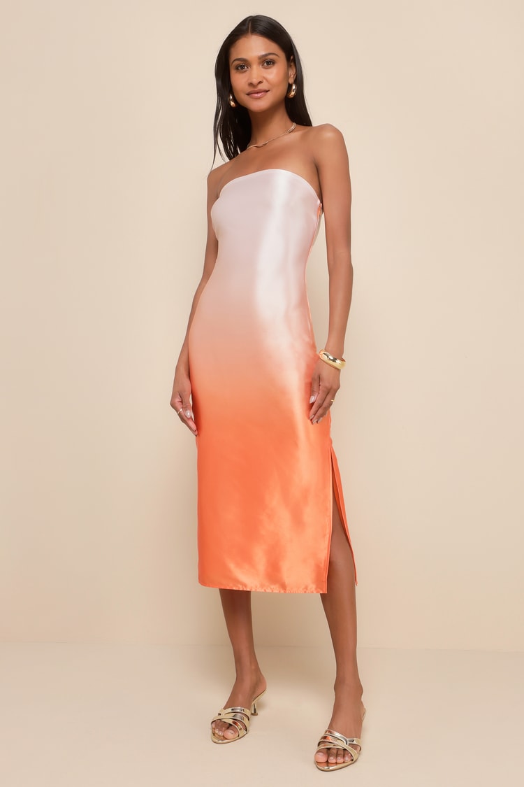 knee length dresses for ladies Melancholy Resin Buckle Satin Midi Dress Peach main image 1