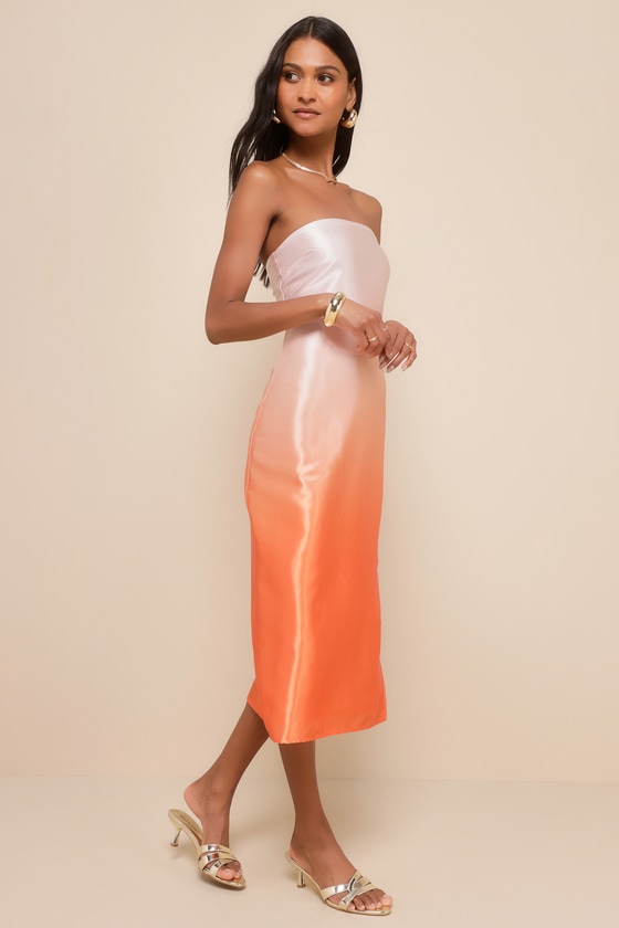 Peach Ombre Dress - Strapless Satin Dress - Ombre Midi Dress - Image 4