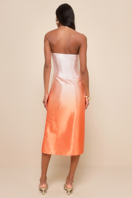 Lulus Indescribable Poise Peach Ombre Satin Strapless Midi Dress In Peach