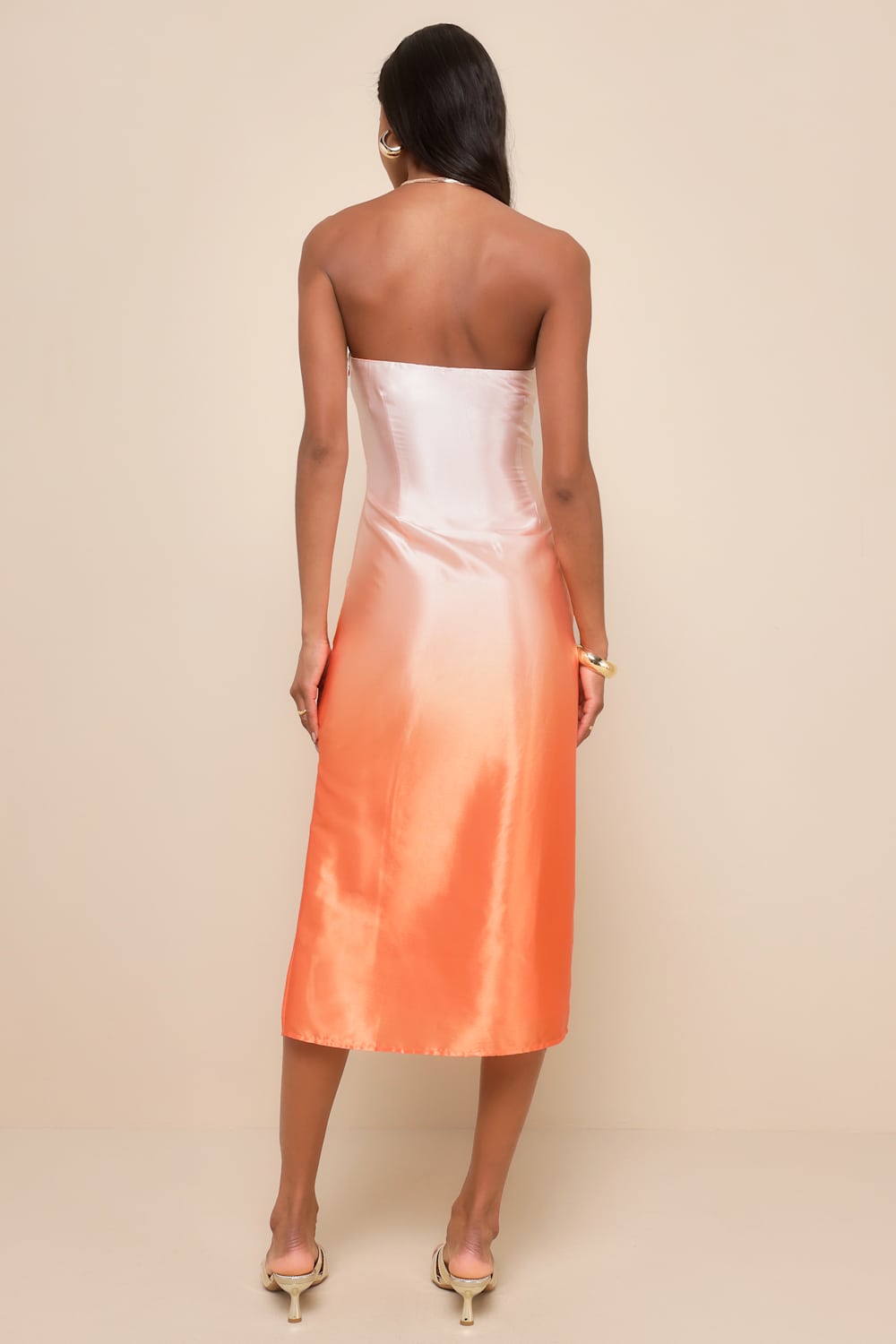 Indescribable Poise Peach Ombre Satin Strapless Midi Dress