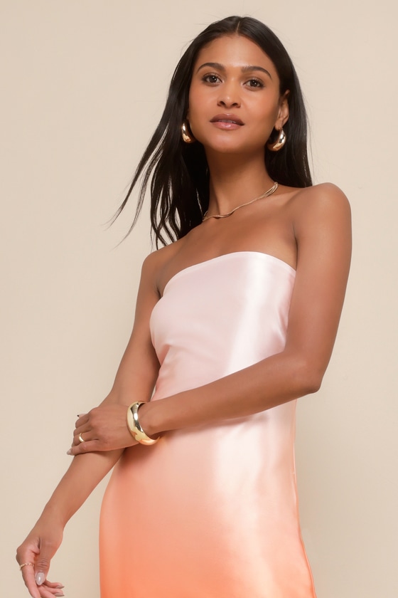 Peach Ombre Dress Strapless Satin Dress Ombre Midi Dress Lulus