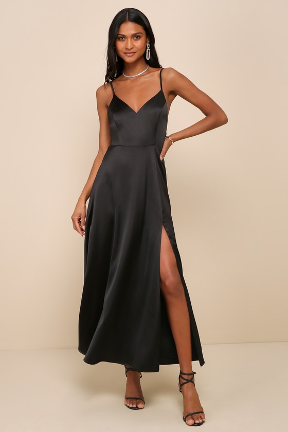 Always Audacious Black Satin Tie-Back Midi Dress 2
