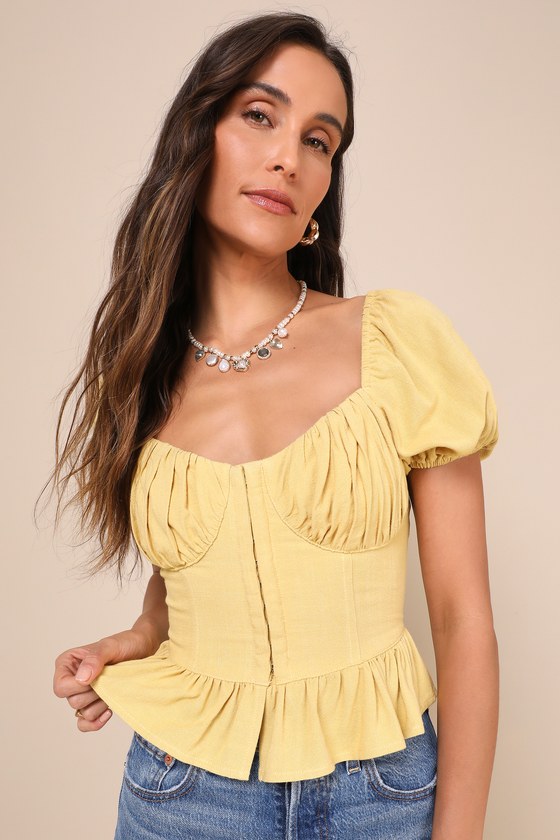 Profoundly Precious Light Yellow Linen Puff Sleeve Bustier Top 3
