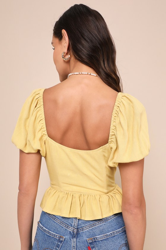 Lulus Profoundly Precious Light Yellow Linen Puff Sleeve Bustier Top In Light Yellow
