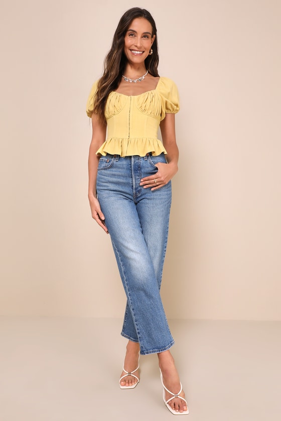 Light Yellow Linen Top - Puff Sleeve Top - Peplum Bustier