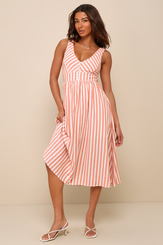 Sun-Kissed Cutie Orange Striped Seersucker Backless Midi Dress 2