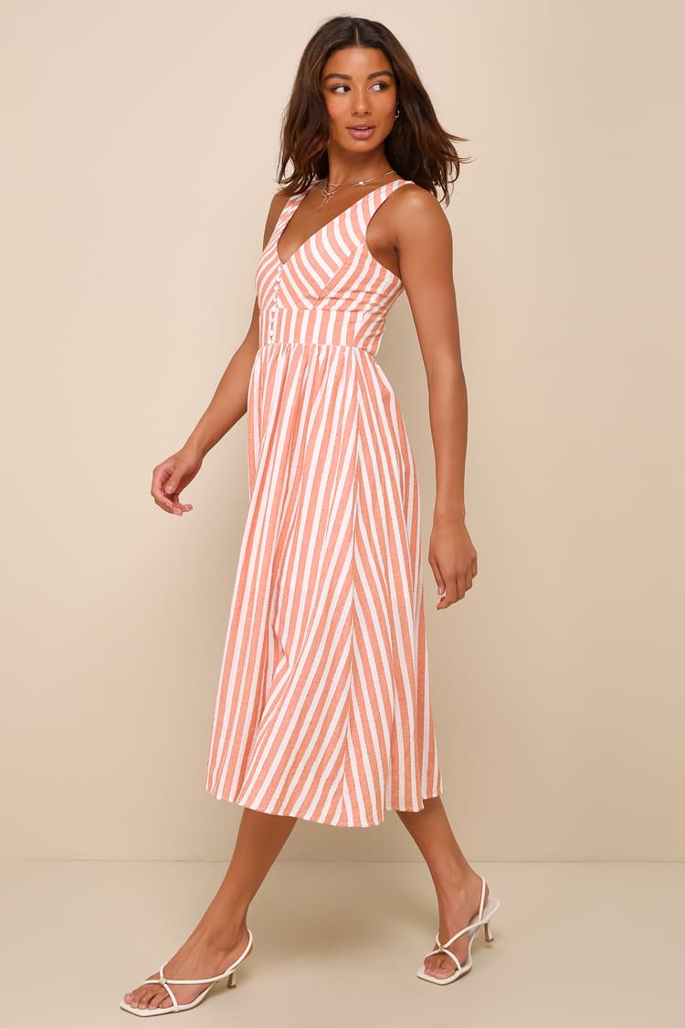 Orange Striped Dress - Seersucker Midi Dress - Backless Dress - Lulus