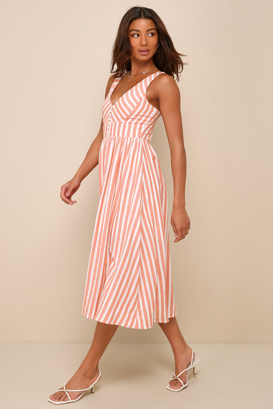 Sun-Kissed Cutie Orange Striped Seersucker Backless Midi Dress 3