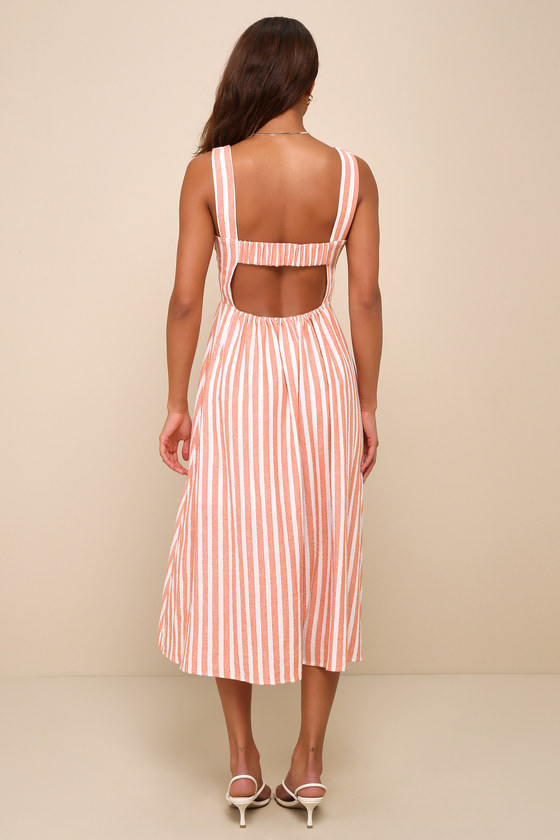 Orange Striped Dress - Seersucker Midi Dress - Backless Dress - Lulus