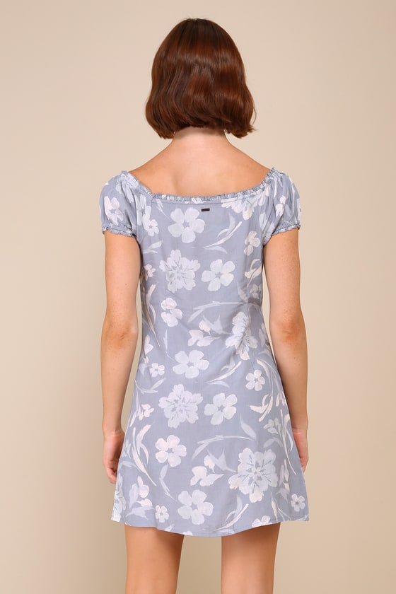 Shop O'neill Ellison Slate Blue Floral Ruffled Off-the-shoulder Mini Dress