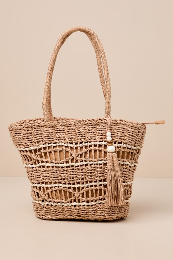 Shop Lulus On The Go Aura Tan Striped Woven Tote Bag