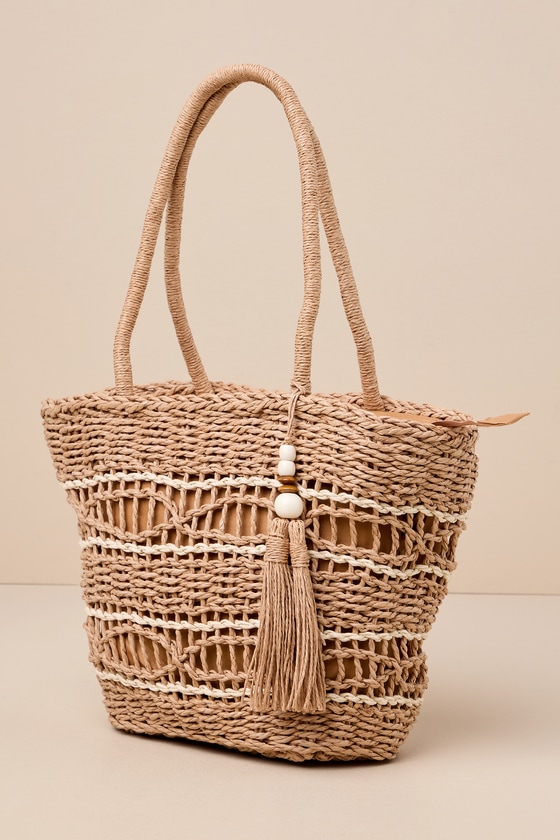 Shop Lulus On The Go Aura Tan Striped Woven Tote Bag