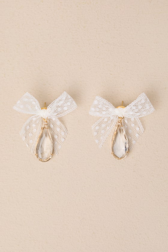 Shop Petit Moments Successful Elegance White Tulle Bow Rhinestone Earrings