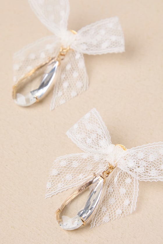 Shop Petit Moments Successful Elegance White Tulle Bow Rhinestone Earrings