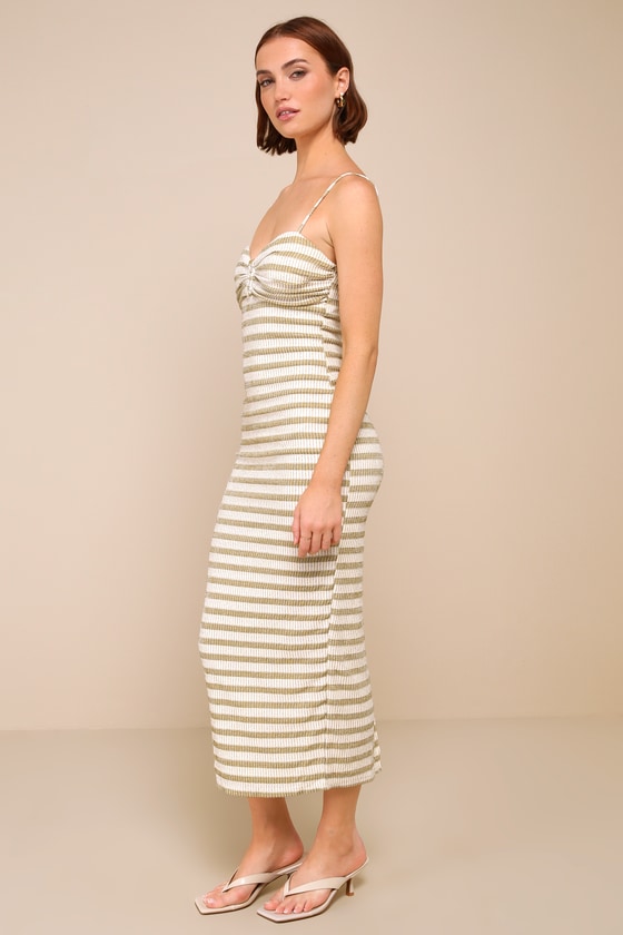 Shop Lulus Stylish Destination Ivory And Khaki Striped Knit Midi Dress