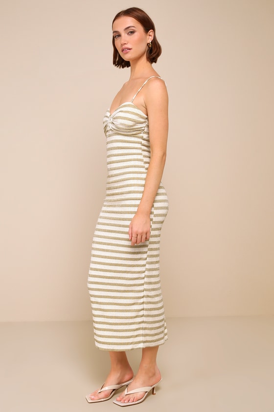 2314 Khaki Striped Shirt Collar Knitted Dress