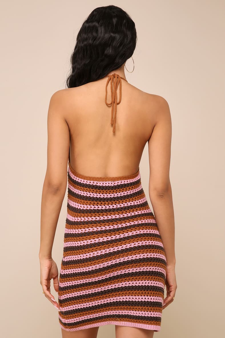 Festival Cutie Brown and Pink Striped Crochet Halter Mini Dress