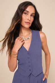 Suits You Perfectly Dark Blue Linen Vest