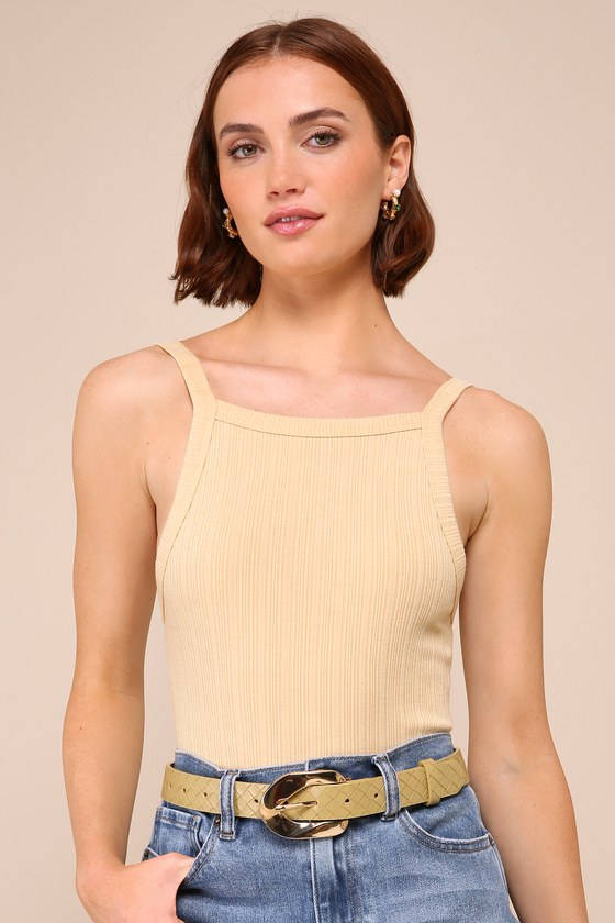 Lulus Casual Icon Beige Ribbed Apron Neck Sleeveless Bodysuit In Beige