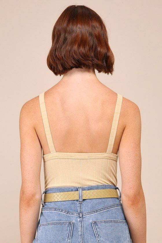 Lulus Casual Icon Beige Ribbed Apron Neck Sleeveless Bodysuit In Beige