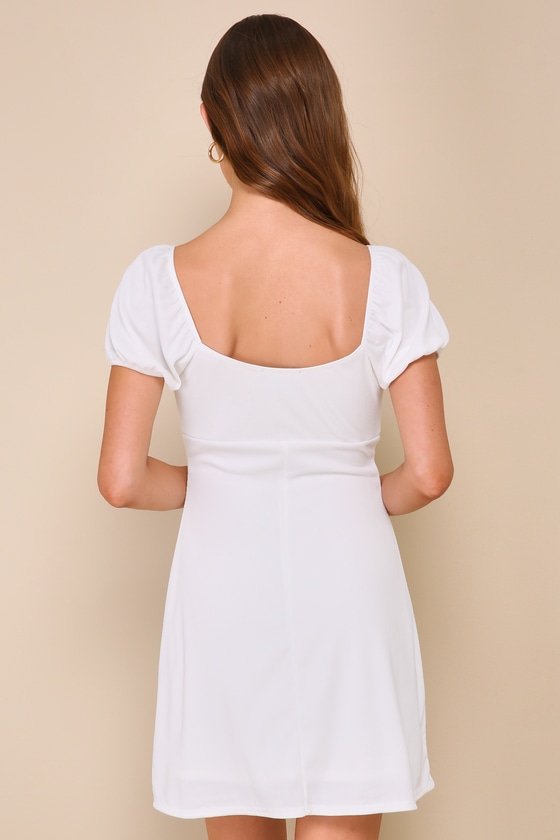 Lulus Adorable Sentiments White Ribbed Puff Sleeve Ribbon Mini Dress In White