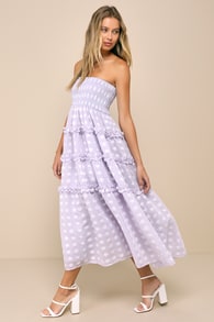 Beautiful Sentiments Lavender Floral Strapless Tiered Midi Dress