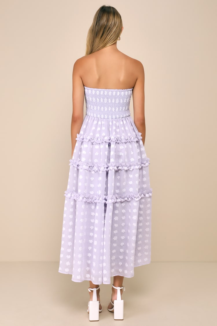 Beautiful Sentiments Lavender Floral Strapless Tiered Midi Dress