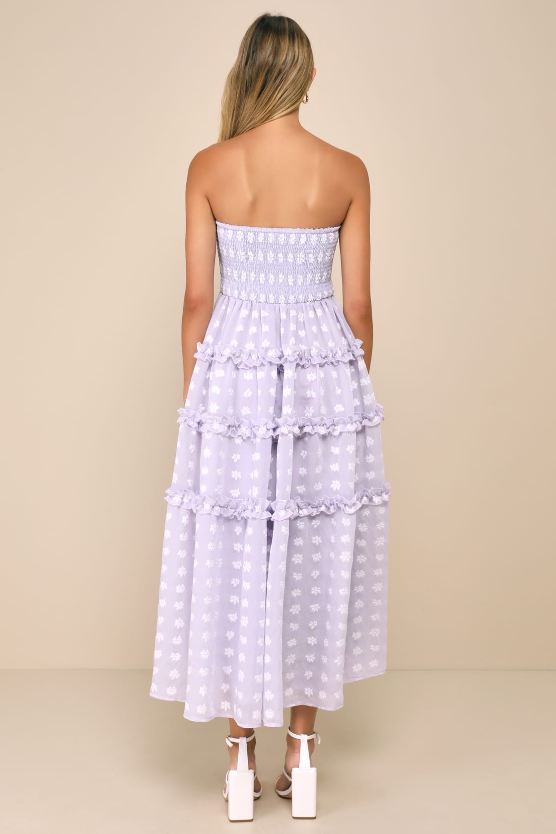 Beautiful Sentiments Lavender Floral Strapless Tiered Midi Dress