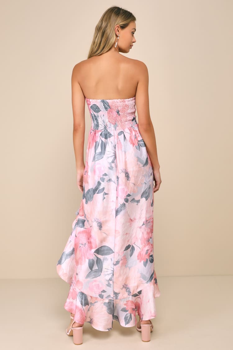 Blushing Darling Light Pink Floral Strapless High-Low Maxi Dress