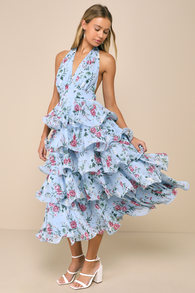 Exceedingly Gorgeous Light Blue Floral Tiered Halter Midi Dress