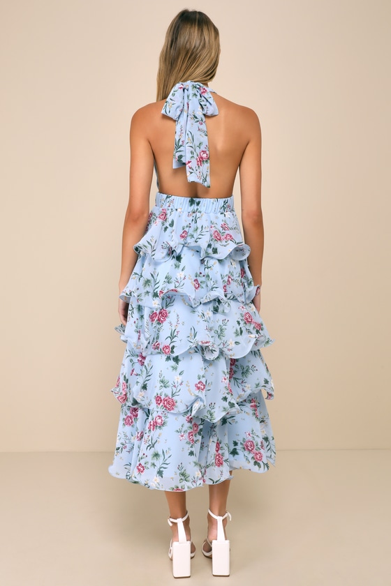 Lulus Exceedingly Gorgeous Light Blue Floral Tiered Halter Midi Dress In Light Blue