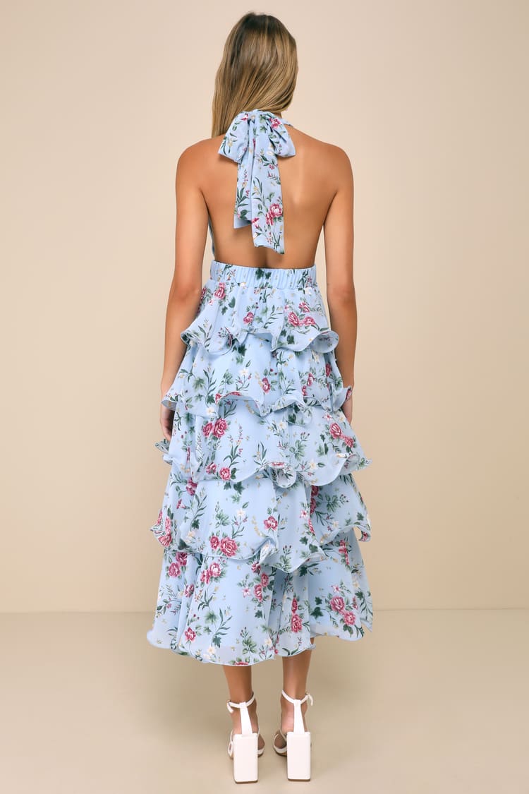 Exceedingly Gorgeous Light Blue Floral Tiered Halter Midi Dress