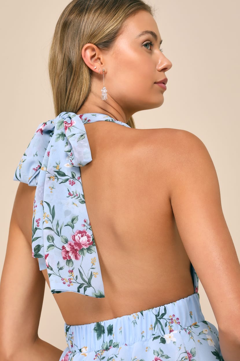 Light Blue Floral Dress - Halter Midi Dress - Tiered Midi Dress - Lulus
