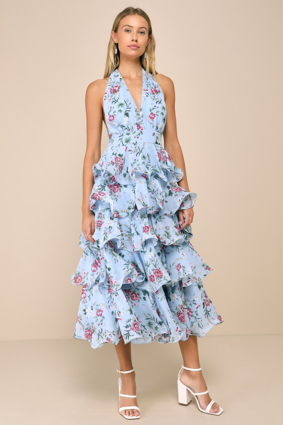 Lulus Exceedingly Gorgeous Light Blue Floral Tiered Halter Midi Dress In Light Blue