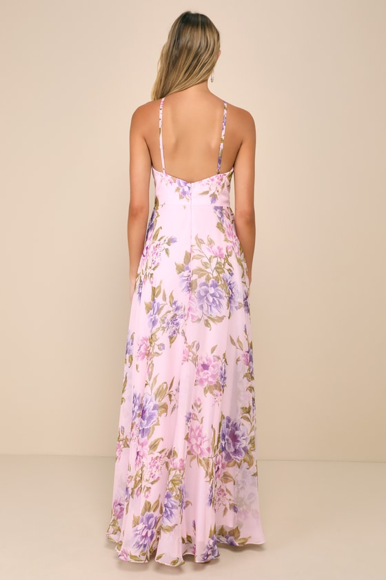 LULUS ROMANTIC MARVEL LIGHT PINK FLORAL PRINT HALTER NECK MAXI DRESS