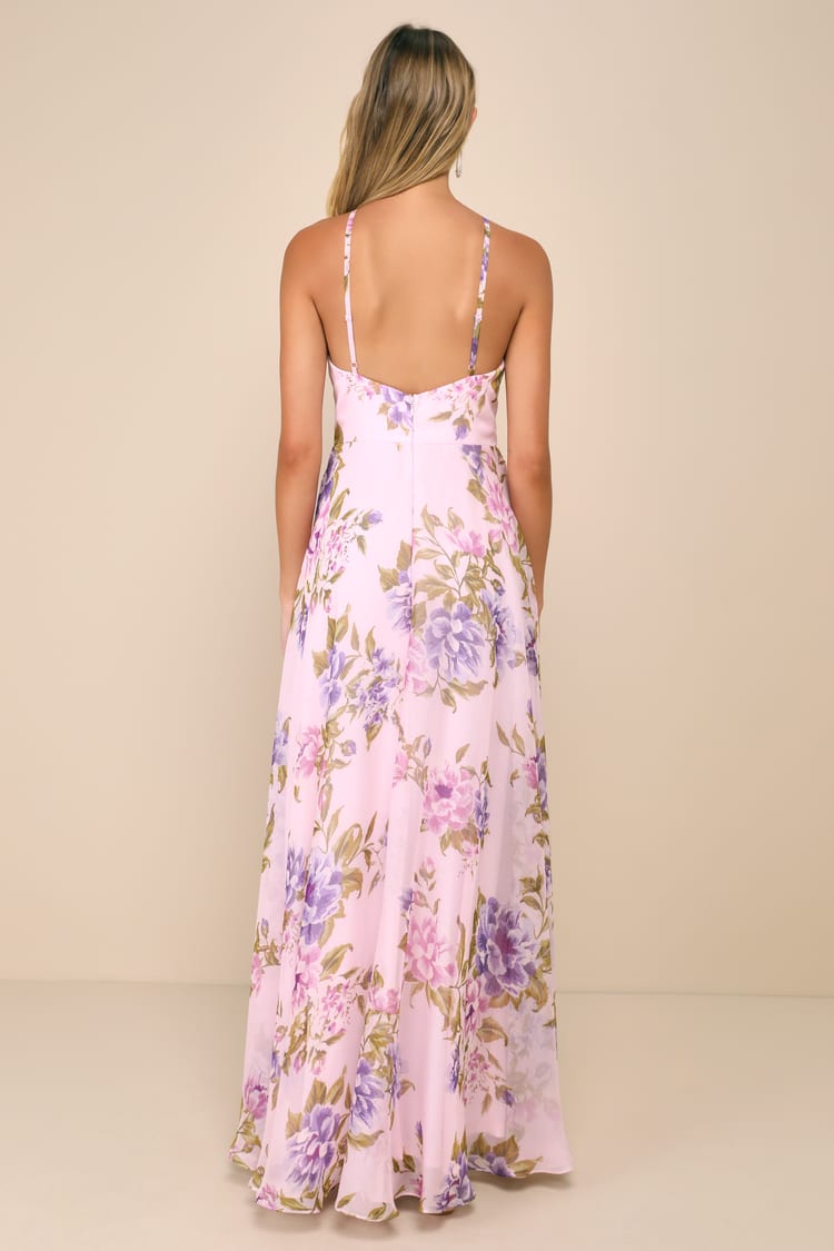 Romantic Marvel Light Pink Floral Print Halter Neck Maxi Dress