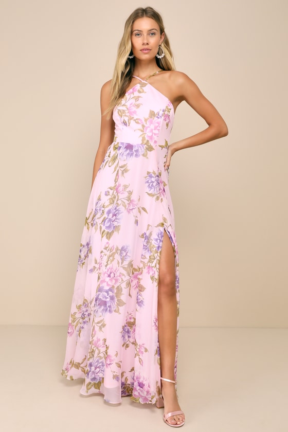 Shop Lulus Romantic Marvel Light Pink Floral Print Halter Neck Maxi Dress