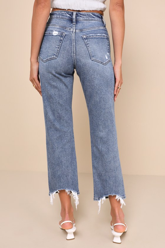 Shop Vervet Trending Attitude Medium Wash Distressed Cropped High-rise Jeans In Blue