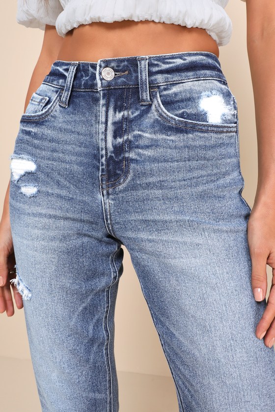 Shop Vervet Trending Attitude Medium Wash Distressed Cropped High-rise Jeans In Blue
